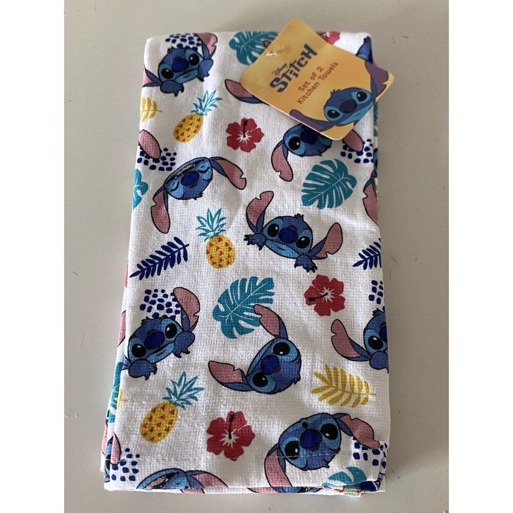 2 Pack Disney Stitch Faces Kitchen Towels Pineapple Hibiscus Tropical 16 X 26”